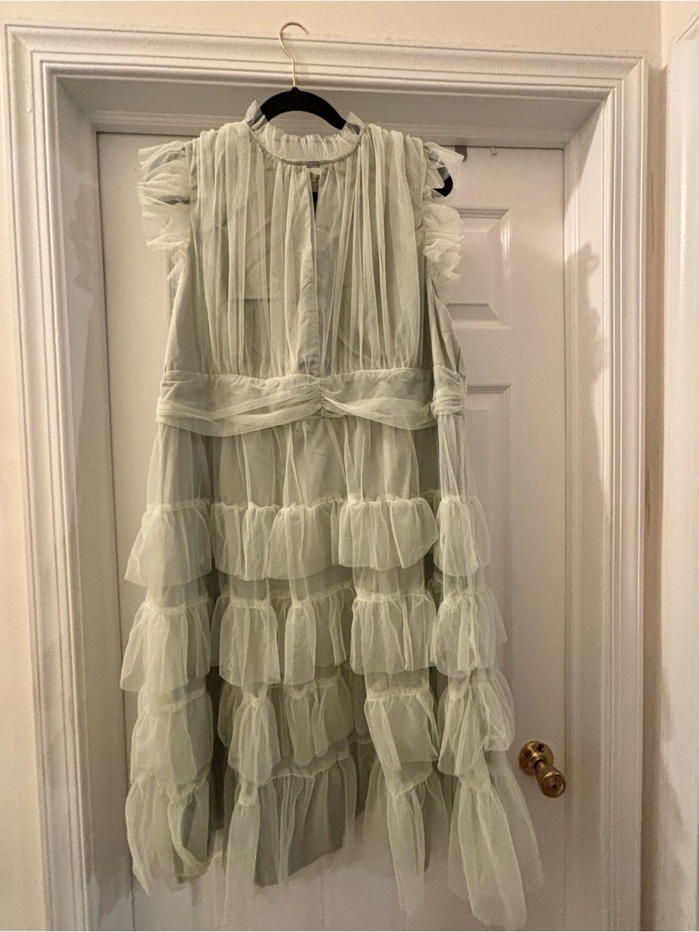 SHEIN Pale Mint Sheer Ruffle Neck Midi Dress